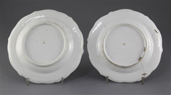 A pair of Chelsea botanical dessert plates, c.1765, 21cm, one broken and repaired